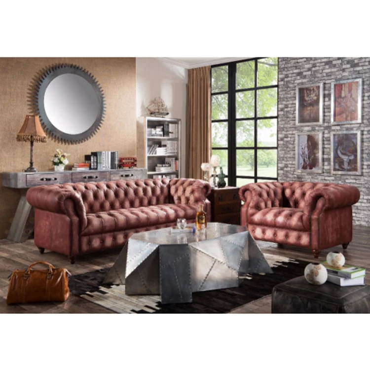 American Hotel Leather Chesterfield Button Tufted Sofa Set