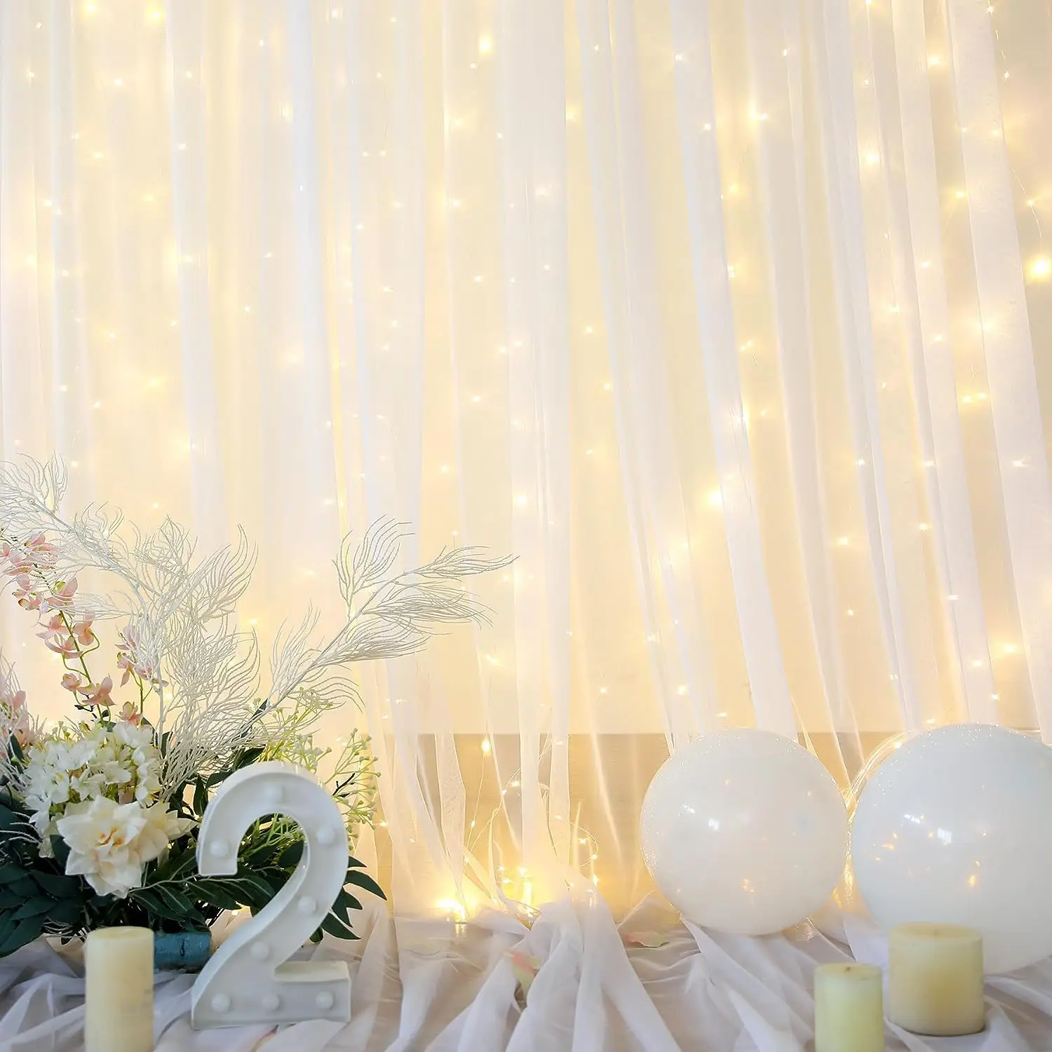 2 pcs Outdoor Pearl Chiffon Sequin Curtain with lights Lawn Wedding Background Cloth and Arch Veil Decoration