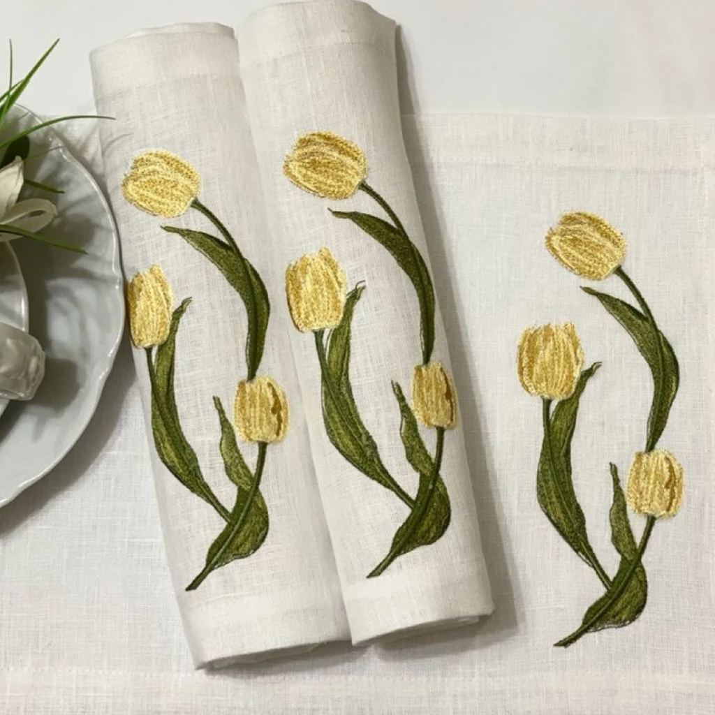 Custom Embroidered Cloth Napkins White Plant-patterned Linen Embroidery Napkin with Logo for Wedding