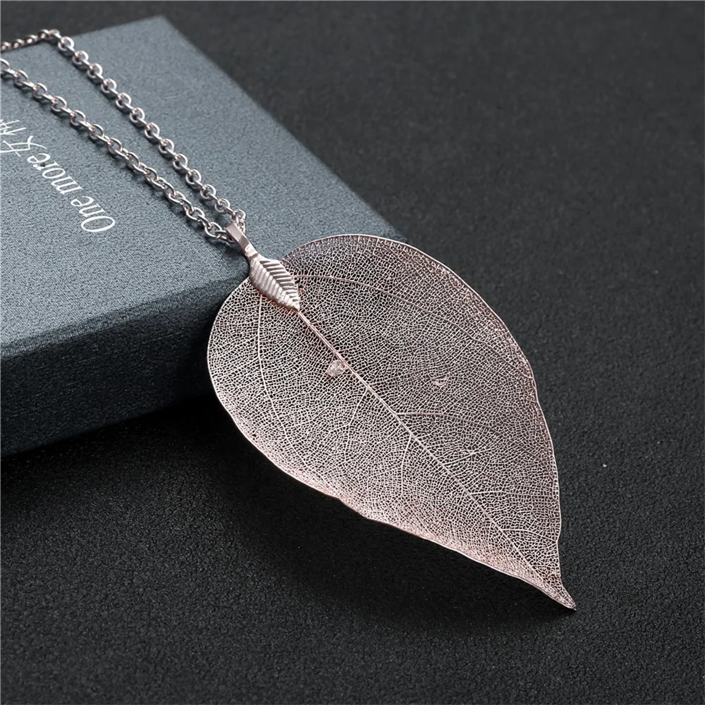 Fashion Natural Real Leaf Pendant Necklace Gold Plated  Snake Chain Leaf Shape Necklace