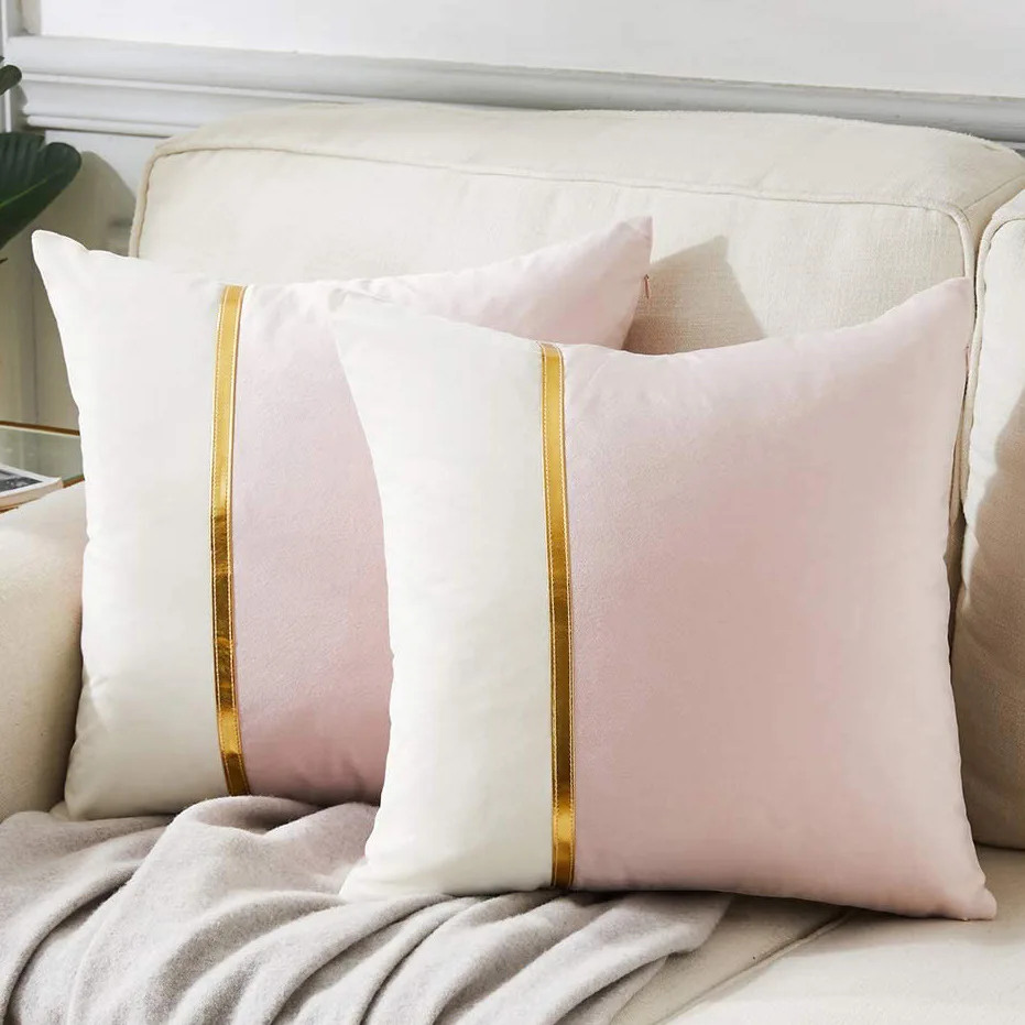 Soft Velvet Pillow Covers Patchwork Gold Tape two-color Stitch Cushion Cover Dutch Velvet Amazon Nordic Style Cushion Cover