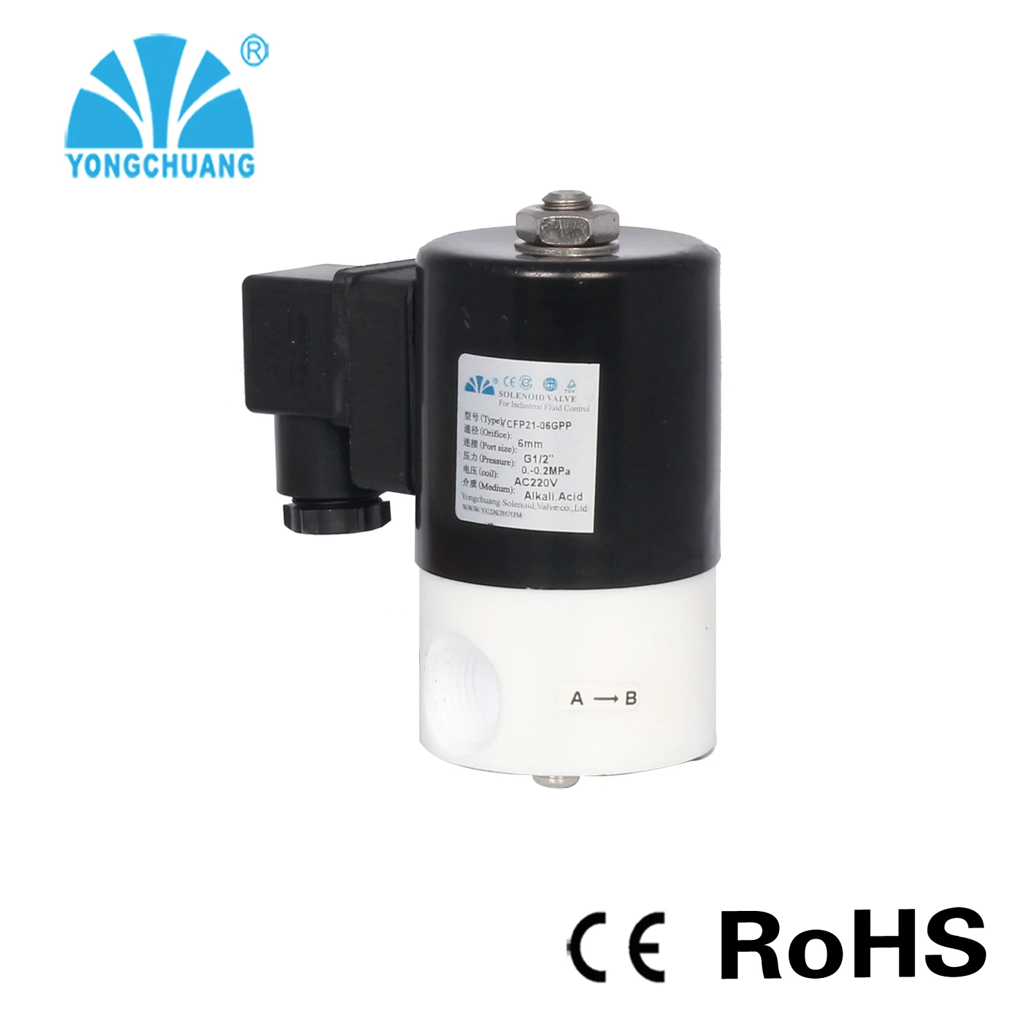 Yongchuang YCFP21 Chemical Resistant Ptfe Solenoid Valve Corrosive Fluid and Acid Solenoid Valve