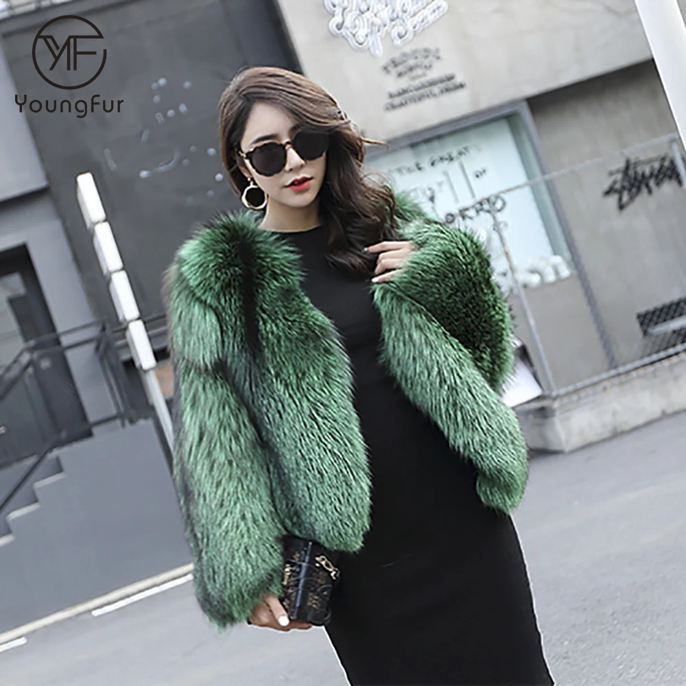 Women winter overcoat whole skin green real silver fox fur flat natural fox fur coat
