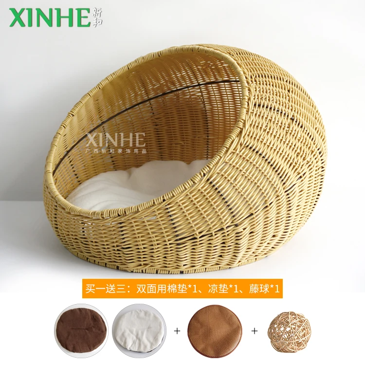 XH Wicker Cat Bed Dome for Medium Indoor Cats - a Covered Cat Hideaway Hut of Rattan Houses in Dome Basket Washable Pet cages