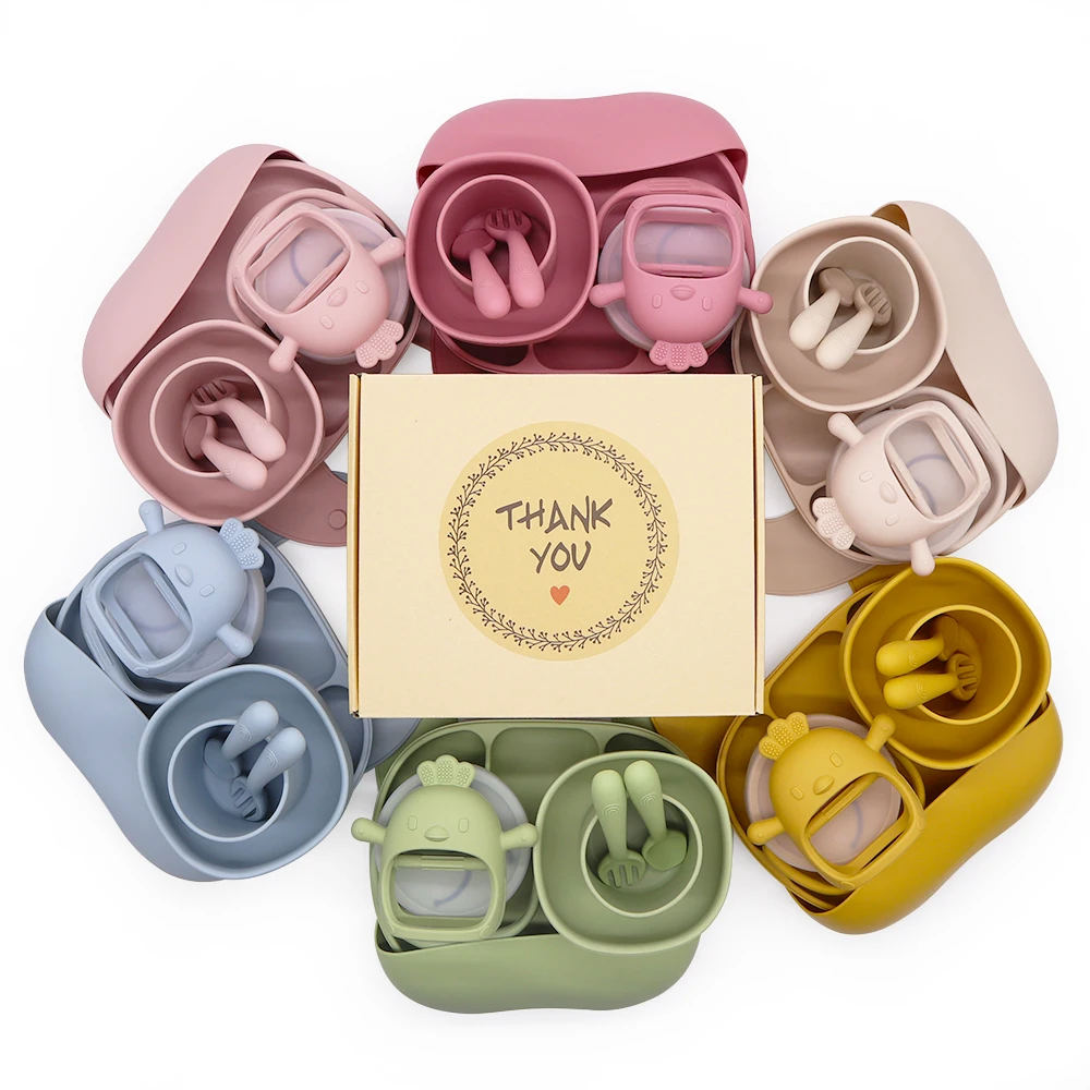 Custom Children Tableware Kid Dining Suction Divided Plates Spoon Fork Bowl Bib Baby Silicone Dinnerware Feeding Set