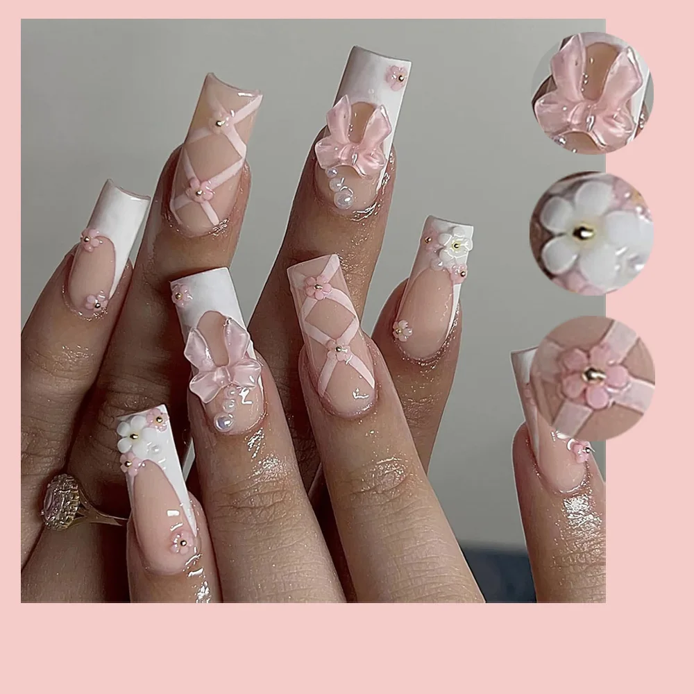 Pink Bowknot Artificial Fingernails 48pcs/box Love French False Nails New Valentines 3D Flower Design Press On Nails Wholesale