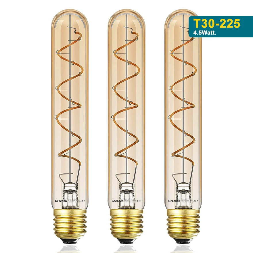 Spiral Filament LED Tubular Edison Bulb T10 T30 E26 Base 4W Dimmable  Amber Glass 2200K Warm T10 Tube Long Edison Bulb