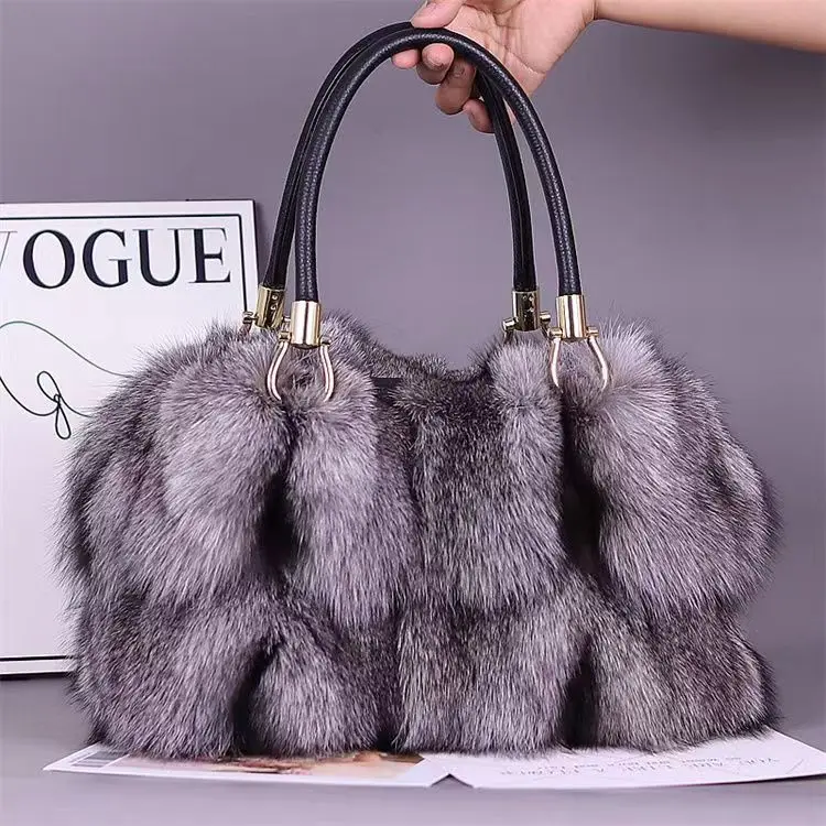 Women elegant fur tote bags new arrival real fox fur handbags luxury fur fashion lady bags with strap