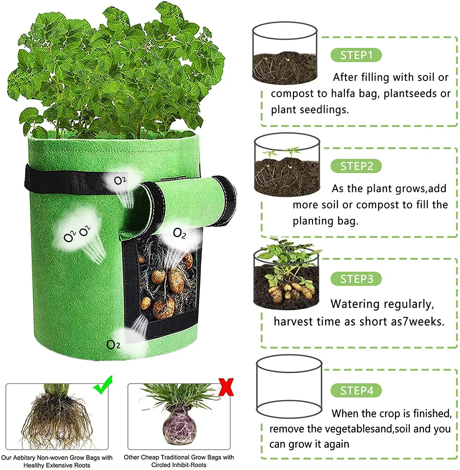 Recycled fabric plant nursery bag garden planting potato planter bag round felt growing containers bags with handles