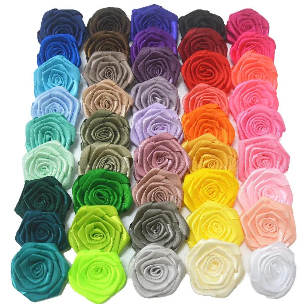 4.5cm Rose Flower Mini Satin Ribbon Baby Satin Rolled Ribbon Rose Flowers Fabric Rosettes Flower hair accessories CH401