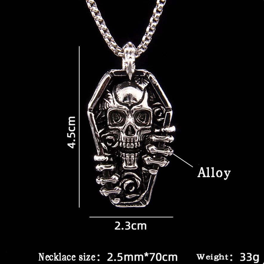 Heavy metal punk style coffin skeleton stainless steel necklace for men hip-hop skull face strong stainless steel chain