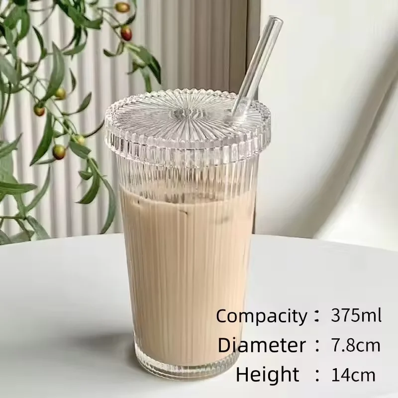 Top Quality Transparent Glass Bubble Tea Cup Bottle Simple Ribbed Vertical Stripes Glass Cup With Lid And Straw
