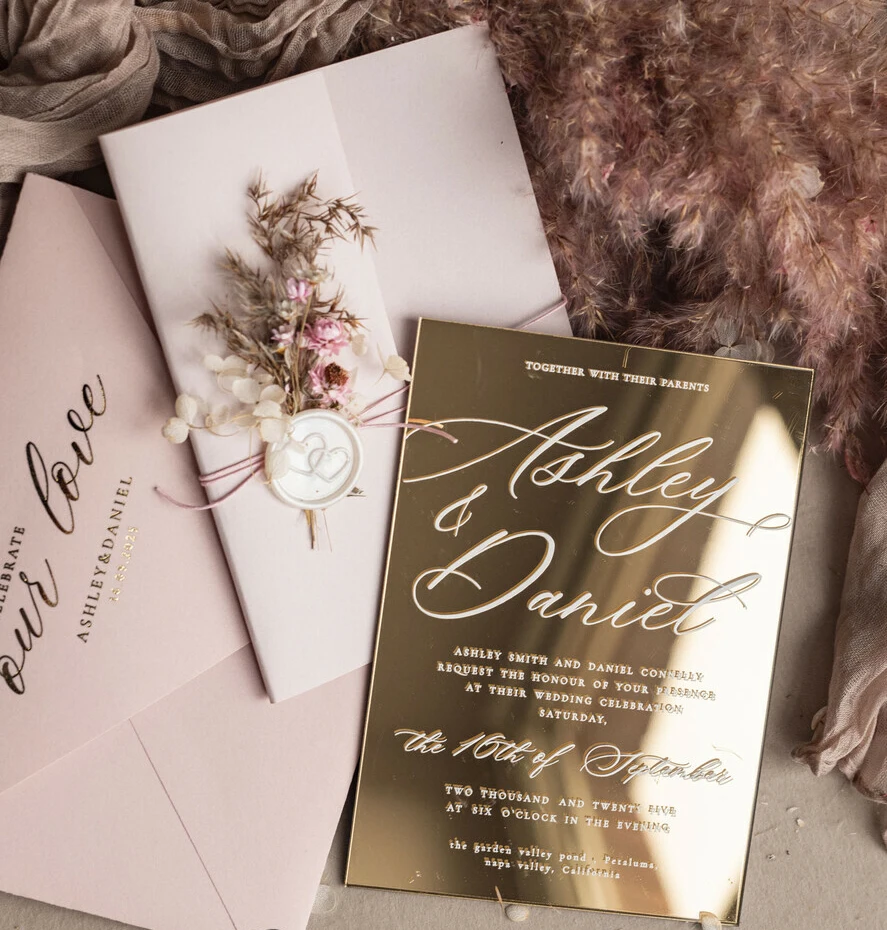 Luxury mirror Golden Burnt Orange acrylic Wedding Invitations card with velvet envelope