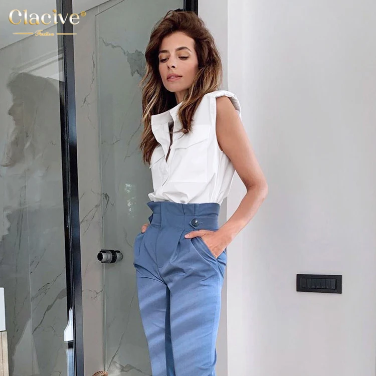 Clacive Tops And Blouses 2023 Office Women Blouse Fashion Blusas White Sleeveless Blouse Shirt Turn Down Collar Top
