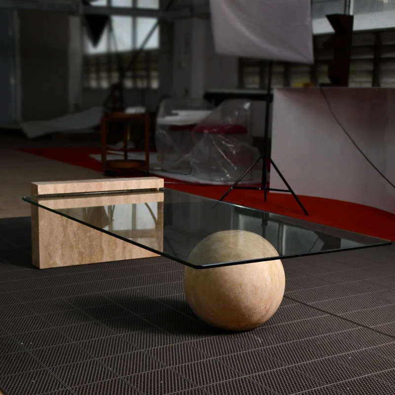 Italian minimalist natural stone tea table designer living room tempered glass small travertine coffee table