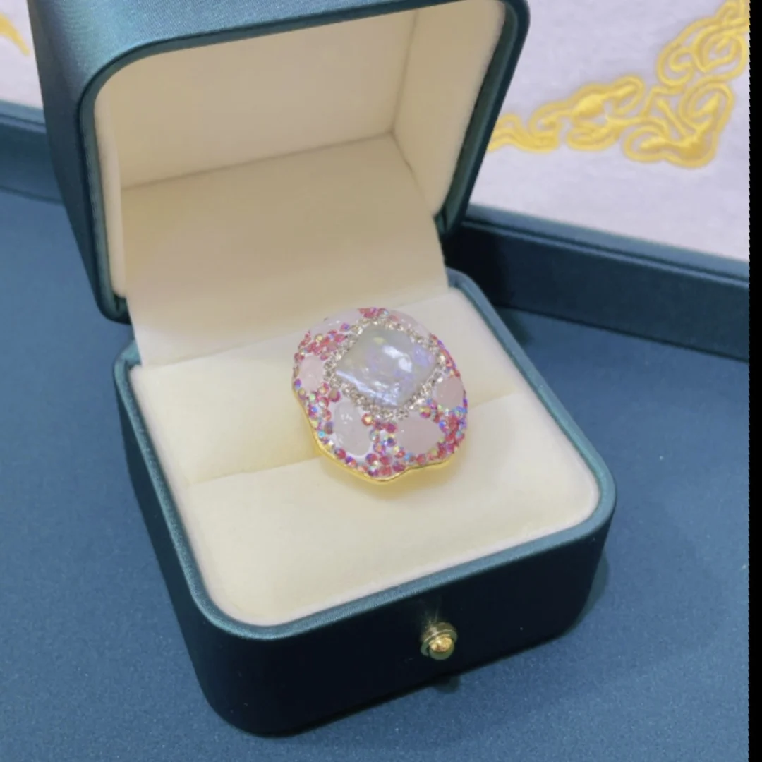 New Arrival Keshi Pearl With Pink Color Stone Rings Fashion Women Jewelry Gifts