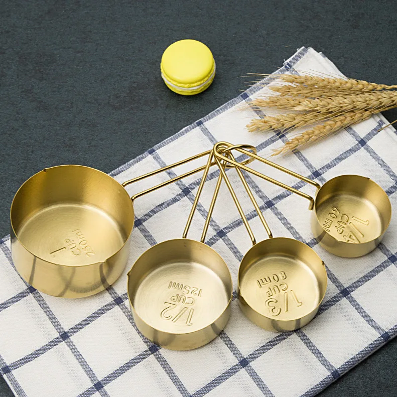 Gold Stainless Steel Measuring Cups and Spoons Set 4 Pieces Engraved Measurements Measuring Cup & Spoon
