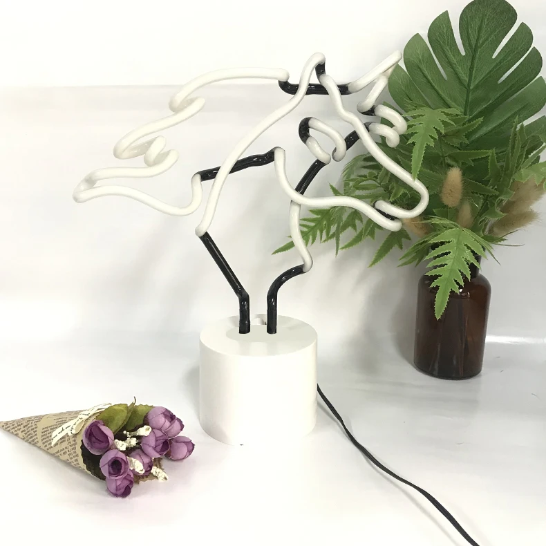 Hot sale 12V DC china glass logo black base neon light sign custom unicorn neon sculpture glass neon desk lamp