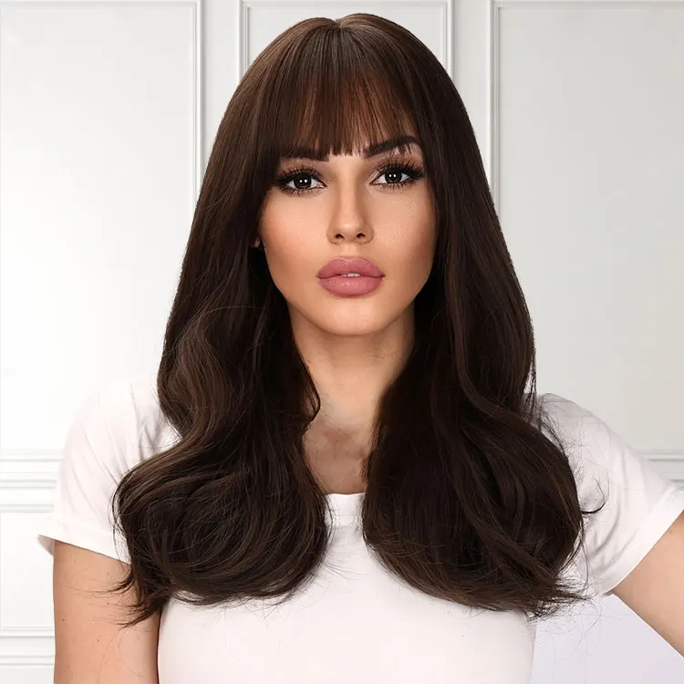 20 inch black brown synthetic wig bob wig with bang long brown wigs for women SM8012