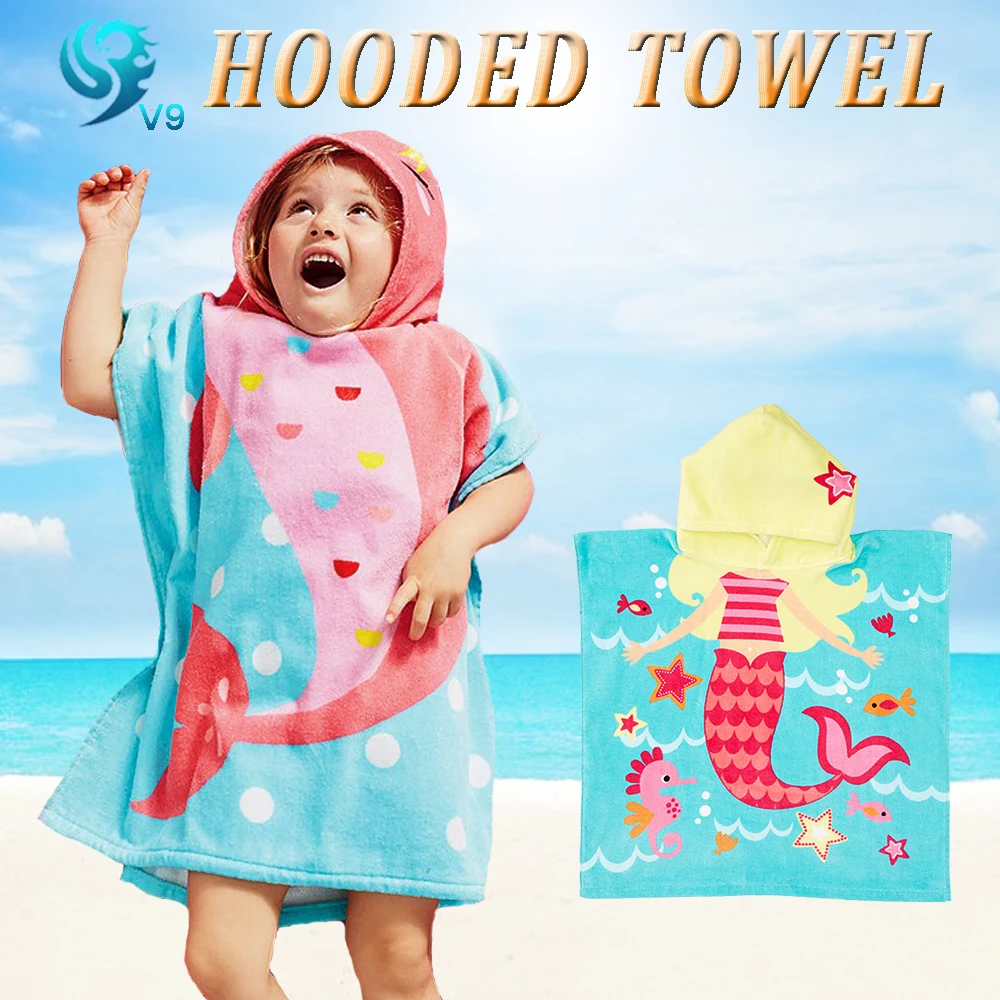 High Quality Microfiber Kids Cartoon Print Poncho Towel for Children Beach Poncho Kids Kids Poncho Wholesale Hooded Towels