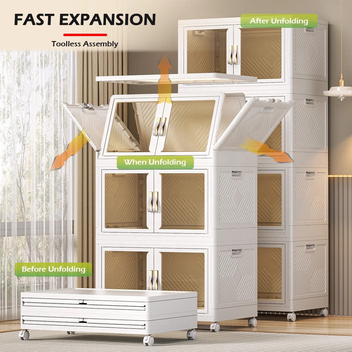 Collapsible Storage Bins with Doors Plastic Foldable Box with Wheel Storage Bins with Lids 4Pack