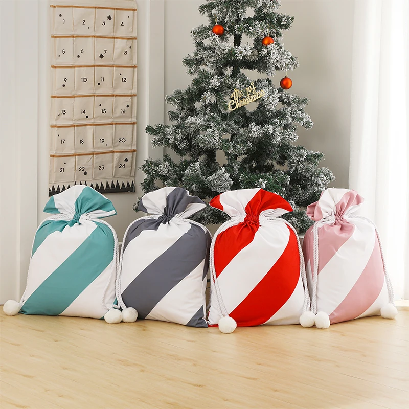 Multi Color Christmas Sack Gift Bag Home Decoration Luxury Pom Pom Striped Canvas Sublimation Santa Sack