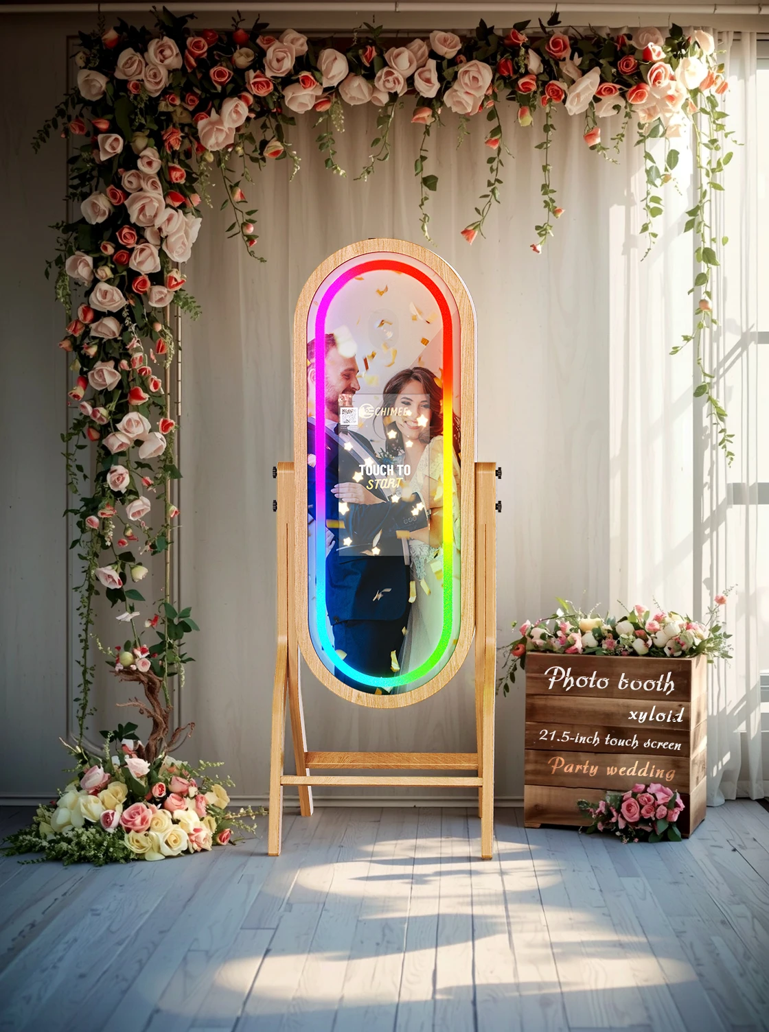2025 Newest Wooden Mirror Photo Booth Selfie Digital Portable Touch Screen Oval Wood Magic Mirror PhotoBooth Machine