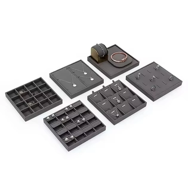 Jinsky gray microfiber jewelry counter display set movable jewelry small tray ring earring necklace trays