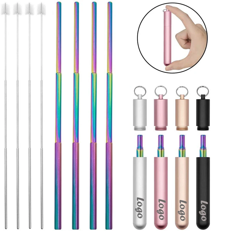 Многоразовые складные телескопические металлические трубочки для напитков из нержавеющей стали с логотипом на заказ, для путешествий, для молочного чая, пива, с футляром для переноски