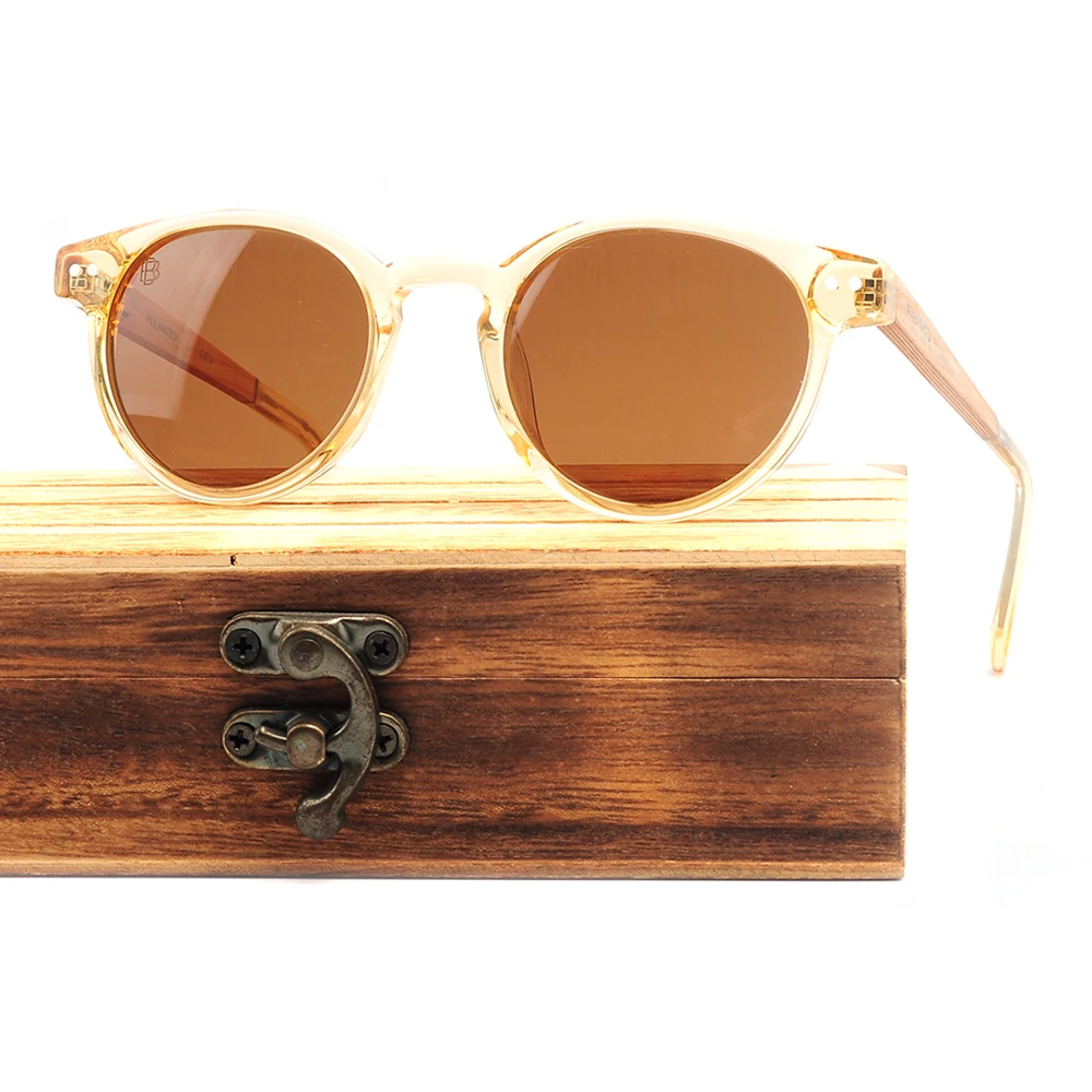 New fashion high quality round acetate frame wooden temple sunglasses