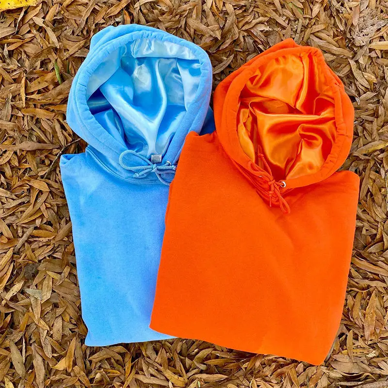 manufacturers custom slim fitting 100% cotton silk double layer chenille satin lined hoodie for men