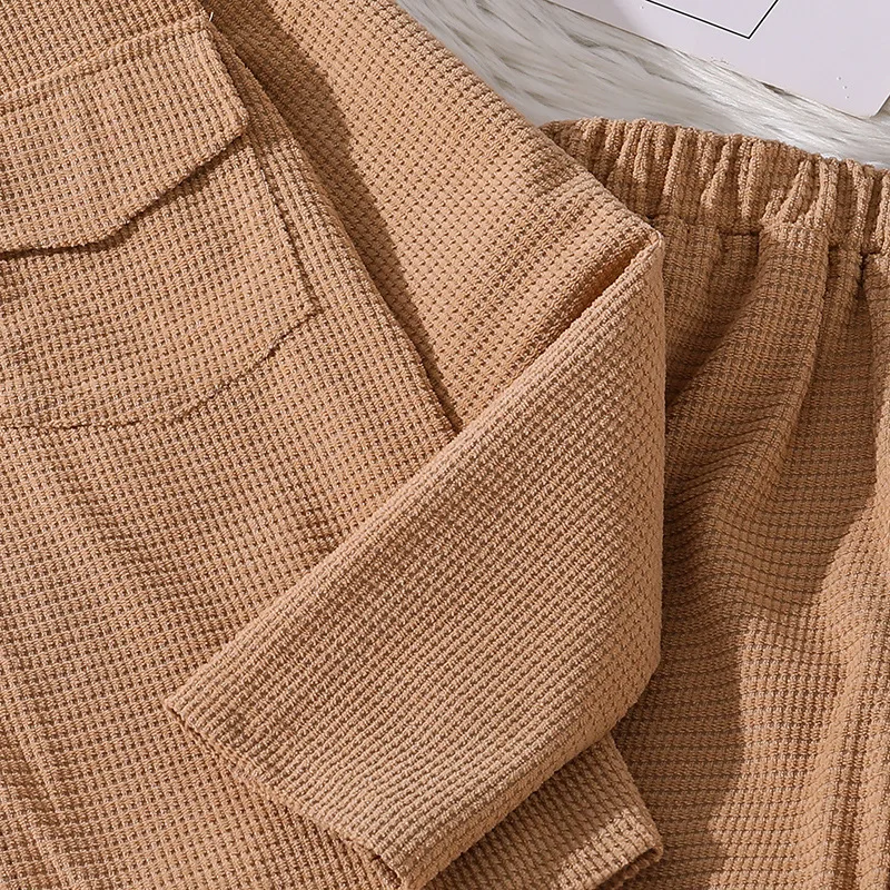 casual big kids 2 piece outfits autumn brown long sleeve lapel shirt and pants sets 2024