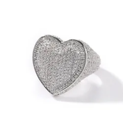 Hip Hop Iced Out Bubbly Heart Signet Ring 18K Gold Plating Zirconia Large Ring for Men Bling Rapper Jewelries