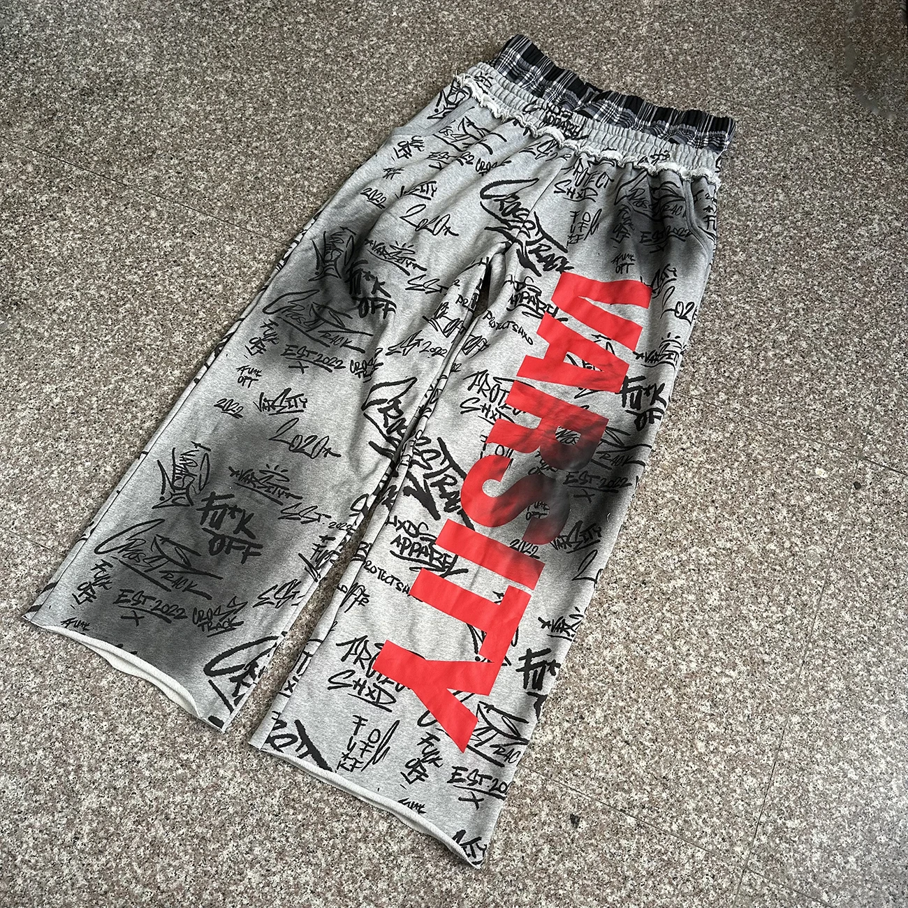 Custom track streetwear loose heavyweight graphic pants distressed french terry cotton men jogger double waist baggy sweatpants