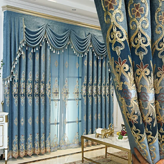 Bedroom Living Room Ready Made Cortinas Para Salas Valance Luxury Chenille Decoration Black Out Embroidered Curtain