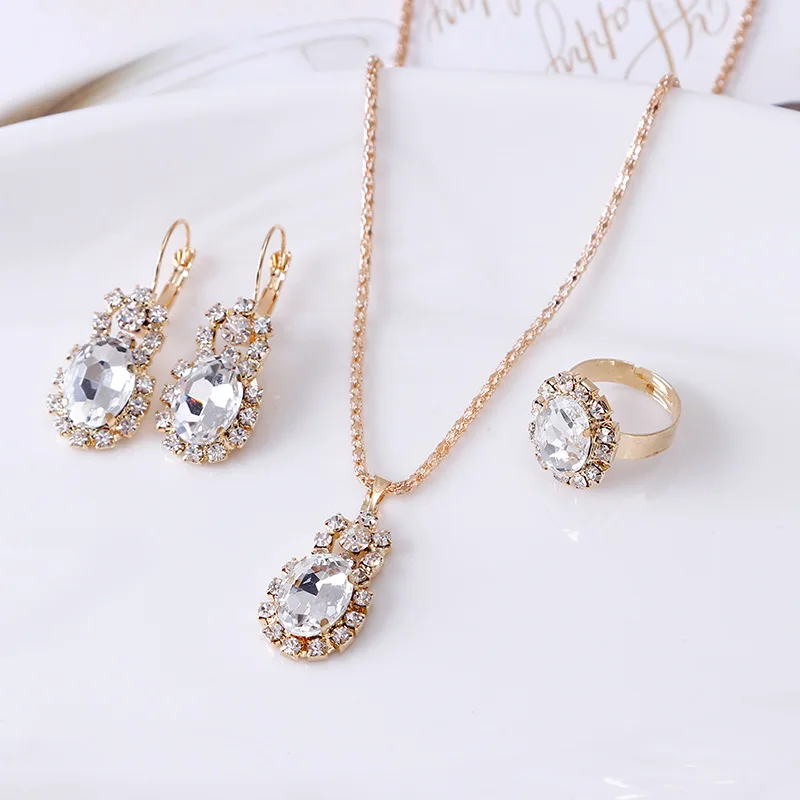 2022 Hot Sale Oval Gemstone Claw Chain Set Crystal Necklace Earring Ring Wholesale Three Piece Set