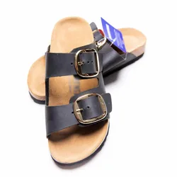 Two Buckles Genuine leather Unisex Soft Foot-bed Open Toe Slides Sandal clogs for indoor outdoor