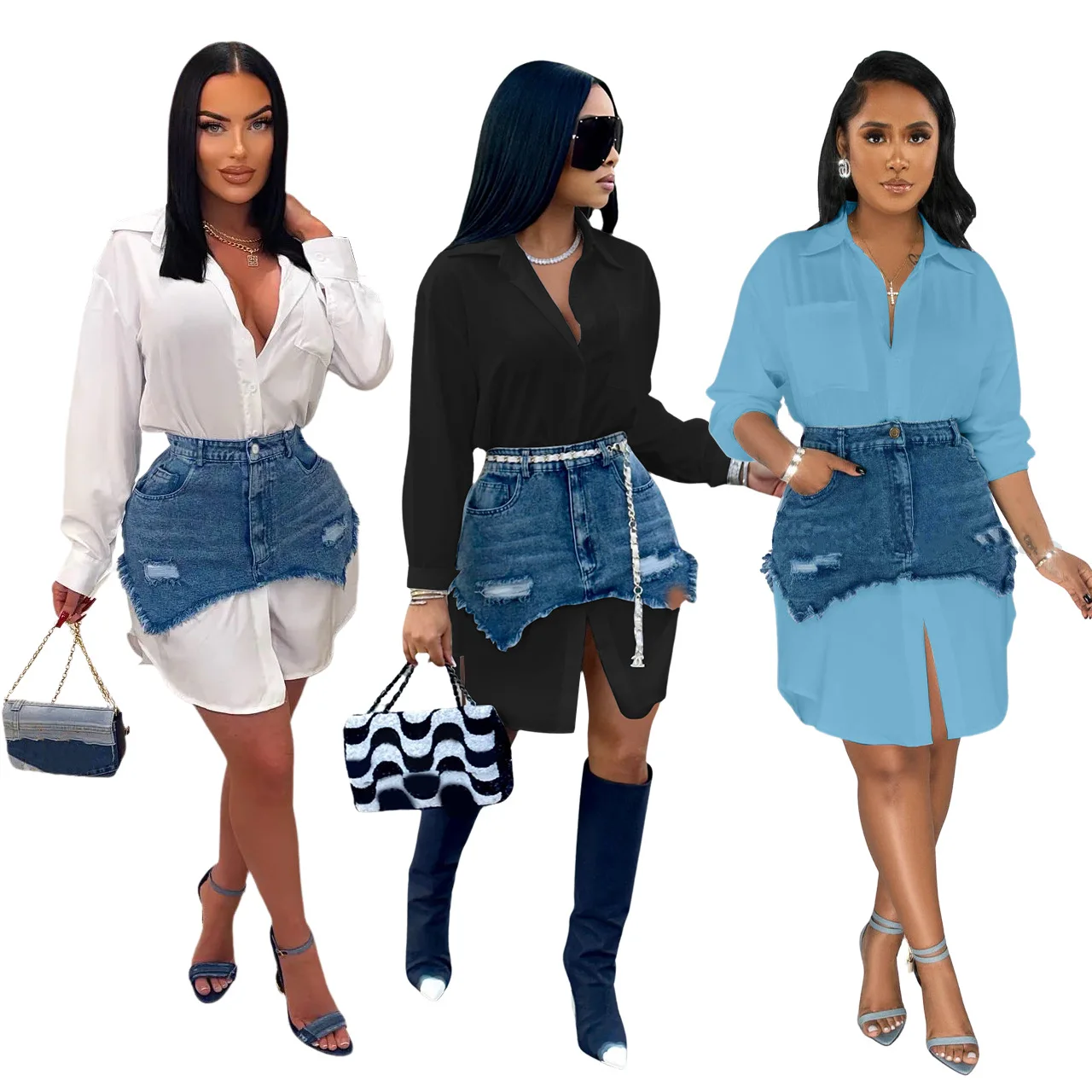 2024 Hot selling spring women clothing denim short skirt long sleeve shirt dresses fashion two piece set dresses women