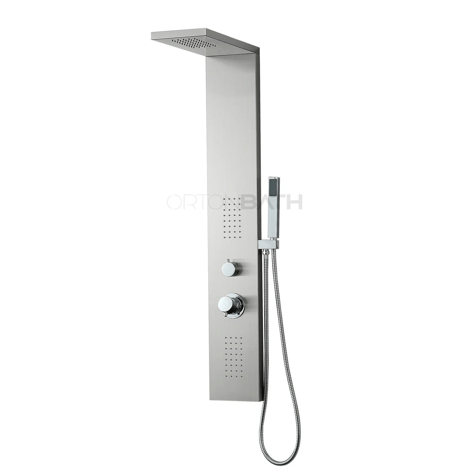 ORTONBATH ShowerSpa Panel with Rain Shower head, 2 Body Spray Jets and Hand Shower, Brushed Stainless Steel Nickel Fixtures