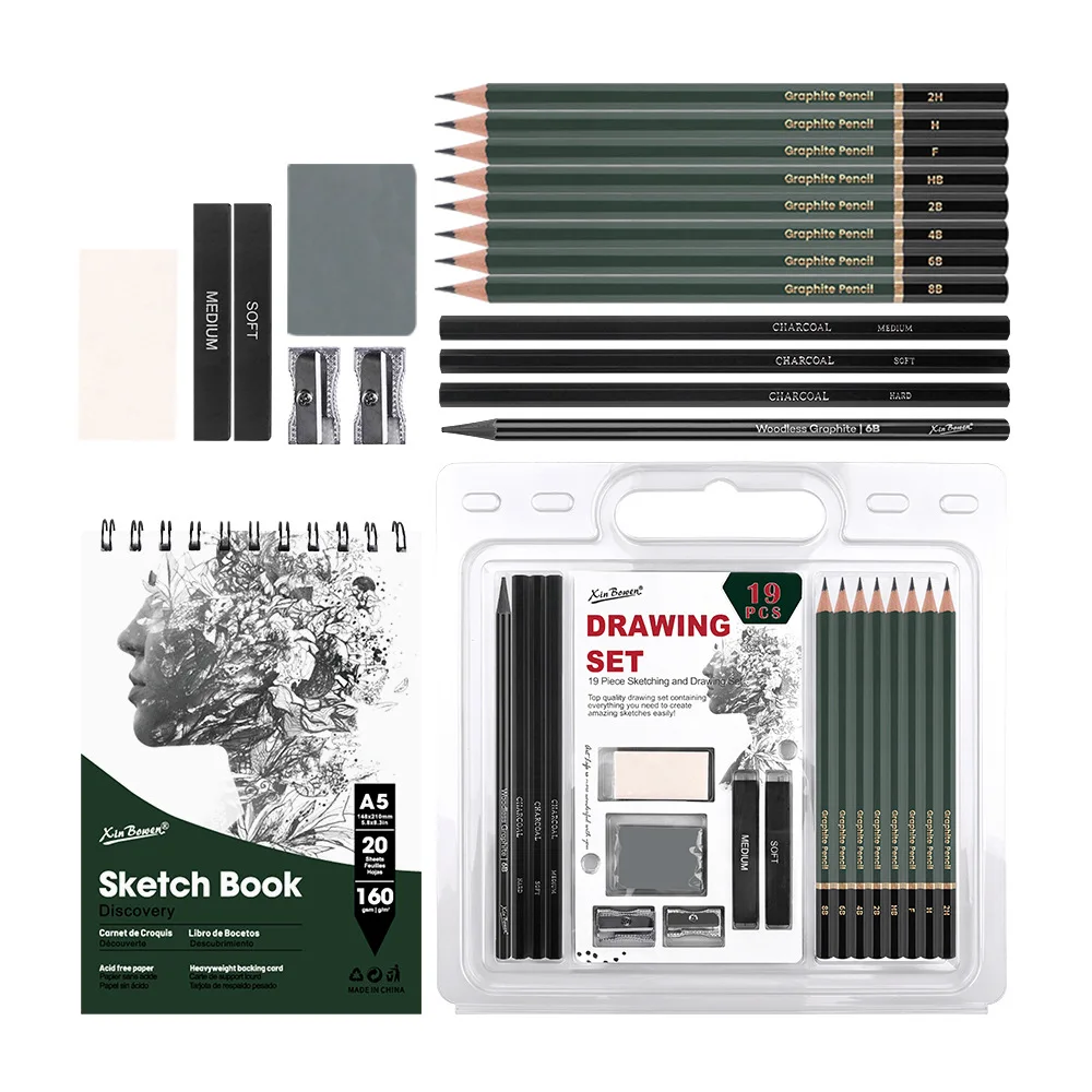 Xin Bowen 19-Piece Professional Art Set Sketch painting set and Pencil with Sharpener Drawing Tools for Painting and Writing