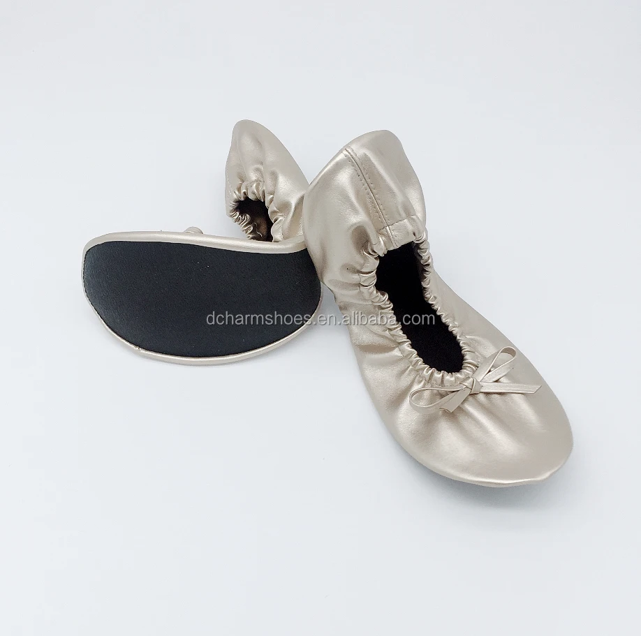 OEM Wholesale lady roll up ballet flats golden foldable ballerina flats for wedding gift