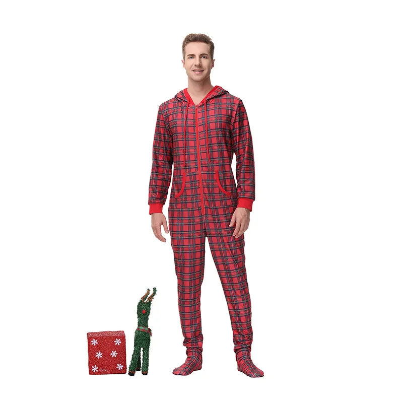 High Quality Hooded Pocket Long Sleeve Sexy Sleepwears Snow Plaid Nightgown Pajama Night Family Onesie Pajamas