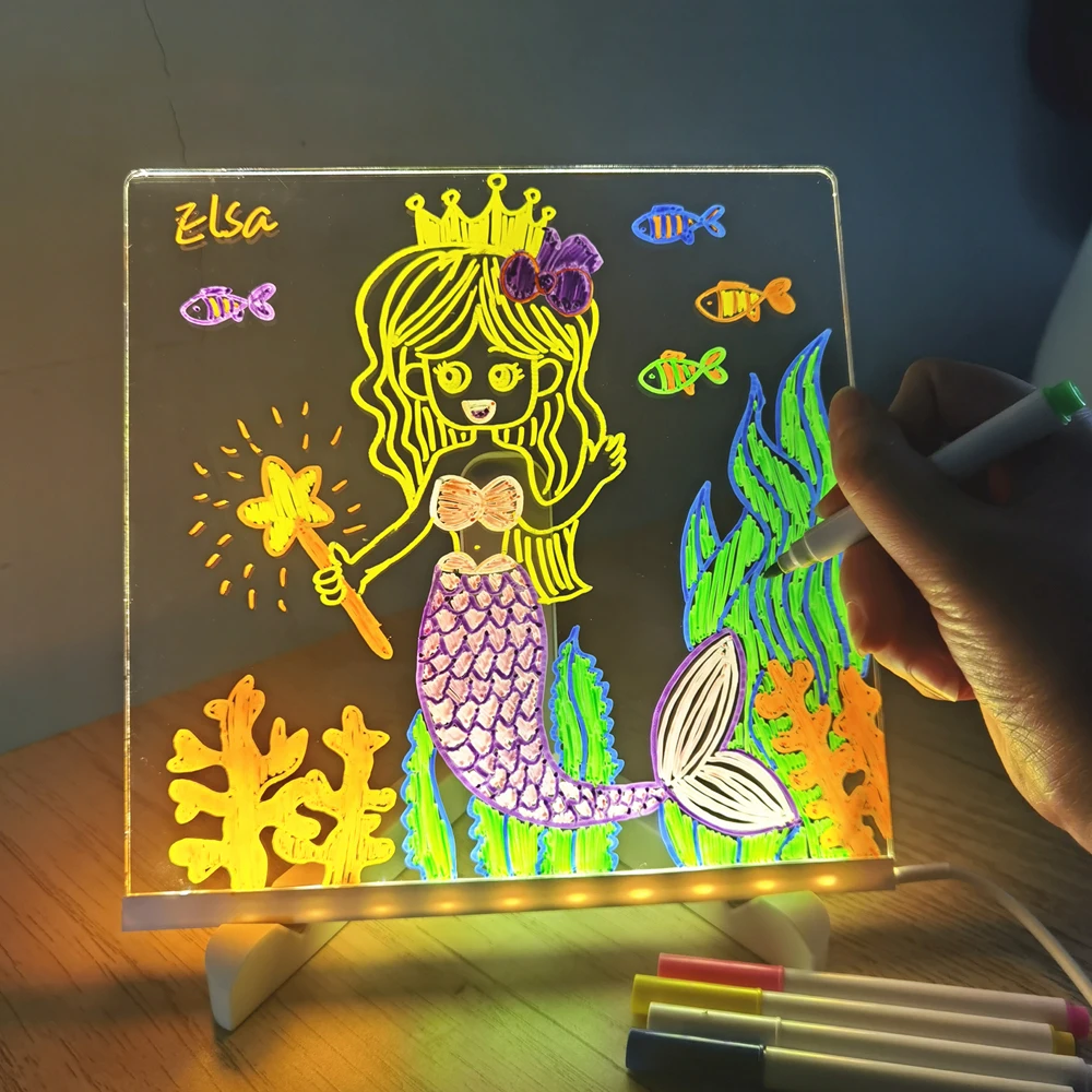 Personalized LED Lamp Acrylic Message Note Board Erasable USB Children Drawing Board Bedroom Night Light Birthday Kids Gift Pe
