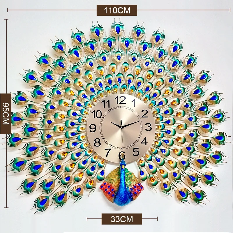 Oversized 3D Gold Home Decor Silent Quartz Metal Double peacock wall clock