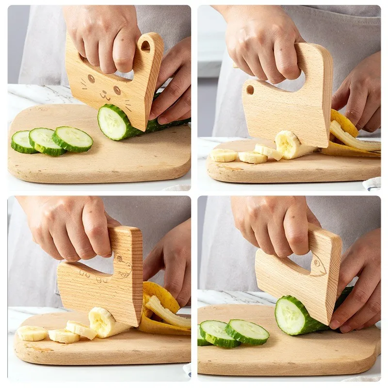 Eco-friendly Montessori Kitchen Toys Kitchen Toy Vegetable Fruit Cutter Wooden Kids Knife For Real Cooking