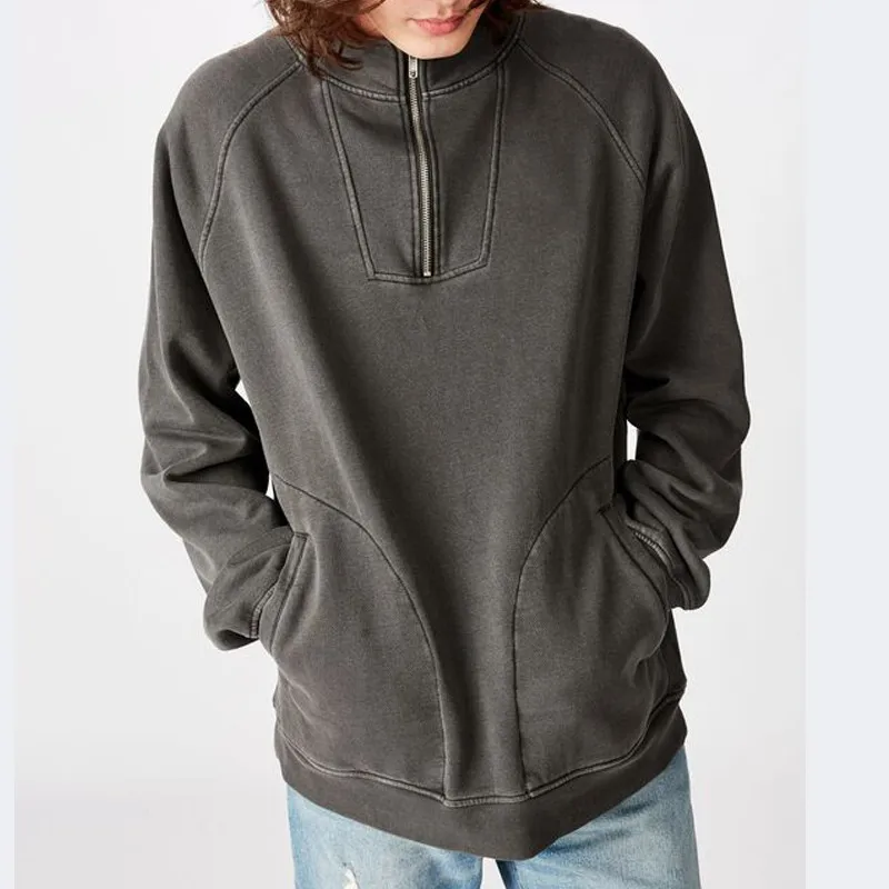 Maxgarment High Quality Super Fit Casual Quarter Zip Up Hoodie Washed Green Sweatshirts Hooded Mens