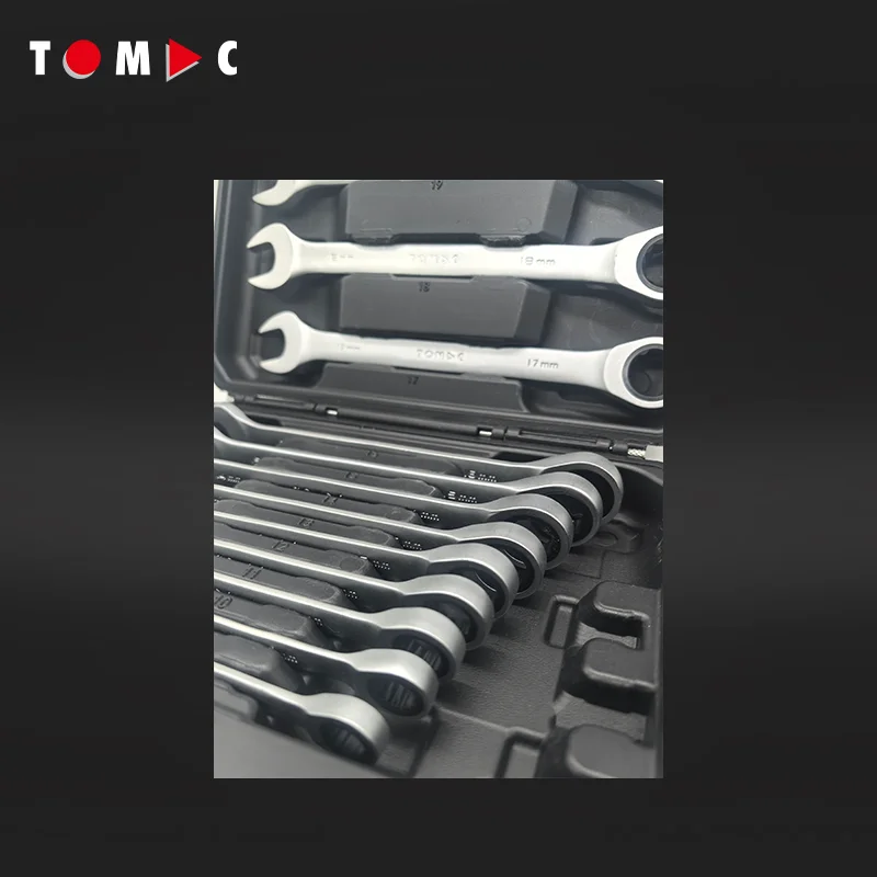TOMAC 12-Piece CRV Professional Reversible Ratcheting Wrench Spanner Set for Automotive and General Mechanical Applications
