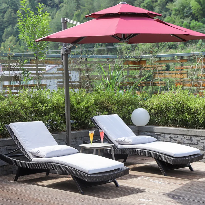 Outdoor Waterproof Beach Loungers Leisure Reclining Furniture Villa Swimming Pool Beach Chairs PE Rattan Sun Aluminium Folding