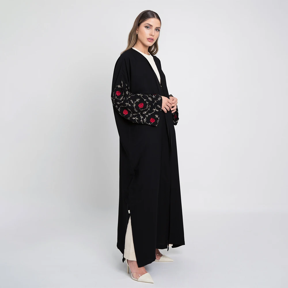 New Modest Fancy Open Black Muslim Abaya Embroidery Sleeve Latest Spring Roses Black Abaya Designs