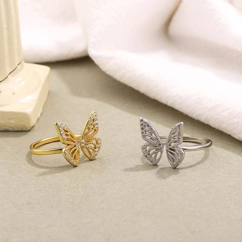 Factory Price Gold Plated Cubic Zirconia Hollow Butterfly Rings 925 Sterling Silver Women Adjustable Ring